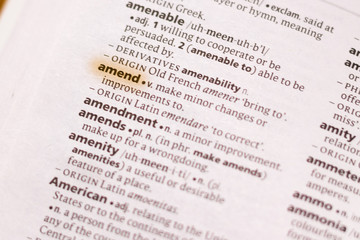 Ivanovsk, Russia - November 19, 2018: The word or phrase Amend in a dictionary.