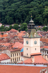 Aerial view of Trumpeter's Tower from the former City Hall in the historical center of Brasov, Romania. 