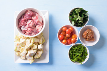 Food ingredients for making Kaeng Khanun-on (Curry Young Jackfruit), Northern Thai local food