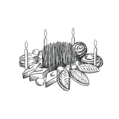Sketch of Khoncha for Nowruz Holiday. Samani and candles. Around the samani different sweet pastries such as pakhlava, shekerbura and gogal and walnuts are placed.