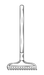 Vector illustration of bow rake, gardening tools and utensils isolated on a white background, garden maintenance, landscaping and hobby concept, sketch style, line art.