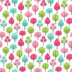 Spring park. Seamless vector pattern with abstract blooming trees in bright colors.