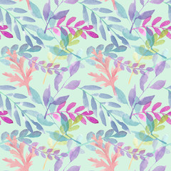 Seamless pattern with leaves, watercolor stock illustration. Background with green and purple twigs