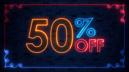 Fototapeta premium Bargain Sale 50 Percent Off With Border Frame Line Neon Light Style On Blue Vintage Brick Wall Background Texture
