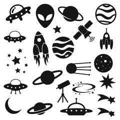 Space cartoon set. Spaceship, rocket, star, planet, comet, alien, constellation isolated on white background.