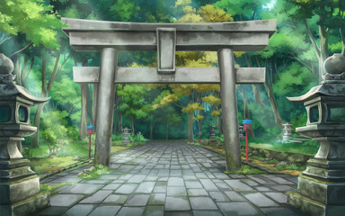 Fototapety  Torii forest - Day , Anime background , Illustration.