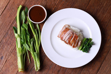 Rice with roast duck on wood table.