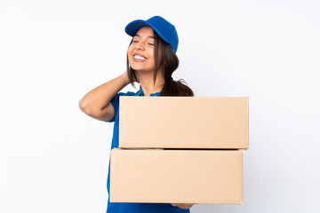 Young delivery brunette girl over isolated white background thinking an idea