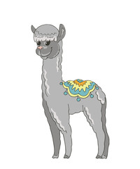 Vector cartoon alpaca on a white background. Funny smiling animal.