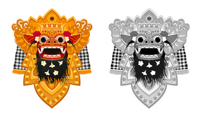 Colorful and monochrome Bialinese Barong traditional mask vector illustrations set isolated on white background