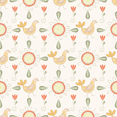 Fototapeta na wymiar Vector Orange Yellow Birds and Flowers on Peach Background Seamless Repeat Pattern. Background for textile, book covers, manufacturing, wallpapers, print, gift wrap and scrapbooking.