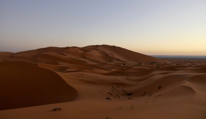 Sand dunes in Sahara with interesting shades and texture in desert landscape during sunrise, Morocco, Africa