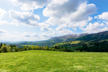 mountainous countryside landscape in spring. grassy meadow on top of a hill. mountain ridge with...