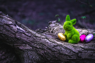 Easter bunny is sitting on a tree trunk in the garden, find hidden easter eggs, story, concept, egg hunt