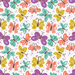 Insects and flowers seamless background. Butterflies spring pattern