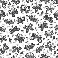 Insects and flowers seamless background. Butterflies spring pattern