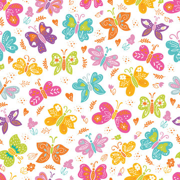 Insects and flowers seamless background. Butterflies spring pattern