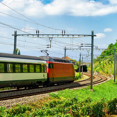 Fototapeta na wymiar Running train on the railroad, Lavaux Vineyard Terraces hiking trail, Lavaux-Oron district, Switzerland
