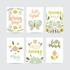 Fototapeta na wymiar Creative spring cards. Hand Drawn flowers, butterflies and lettering