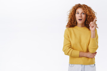 Girl got excellent idea, adding suggestion. Redhead curly woman in yellow sweater, raise one finger...