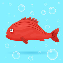 Cute tropical fish on blue background with bubbles. Brightly-coloured ocean fish. Underwater marine wild life. Vector illustration.