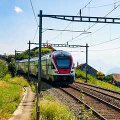 Fototapeta premium Prowadzący pociąg na szlaku turystycznym Vineyard Terrace w Lavaux, dystrykt Lavaux-Oron w Szwajcarii