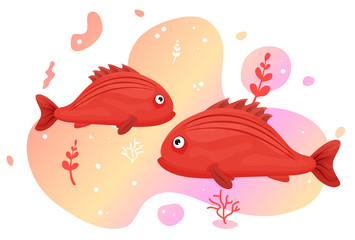 Two cute tropical fish in the sea. Brightly-coloured ocean fish. Underwater marine wild life. Vector illustration.