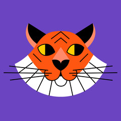 Cartoon tiger head face vector template. Good for creating logo, icon,  badge, pin, prints. Hand drawing vector illustration.