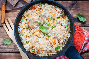 Pan with spanish sea food, Paella .