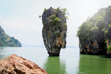 Beautiful tropical island scenery, James Bond island,  famous landmarks in Andaman sea, Phang Nga bay, Thailand.