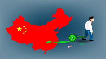 The cartoon illustration picture of a sick man drag the green germs out of China map. ( vector )