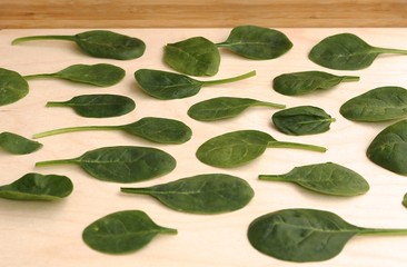 Spinach leaves fresh lie pattern on wood board