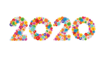 Vector Happy New Year 2020  text design with blooming flowers concept isolated on white background.