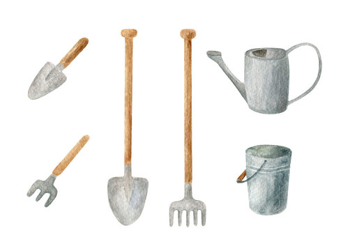 Watercolor gardening tools set. Hand drawn metal watering can, rake, bucket, shovel and trowel isolated on white. Spring, summer clipart for cards, decoration.