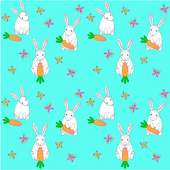 Seamless blue pattern with cute white rabbits, carrots and butterflies. Delicate spring, easter vector pattern for children. Cute stylized animals on a gentle seamless background. Bunnies and butterfl