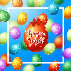 Trendy poster with colorful eggs with red bow and ribbon. Hand drawn calligraphy happy Easter. Decorated yellow, red, blue, green and purple eggs background