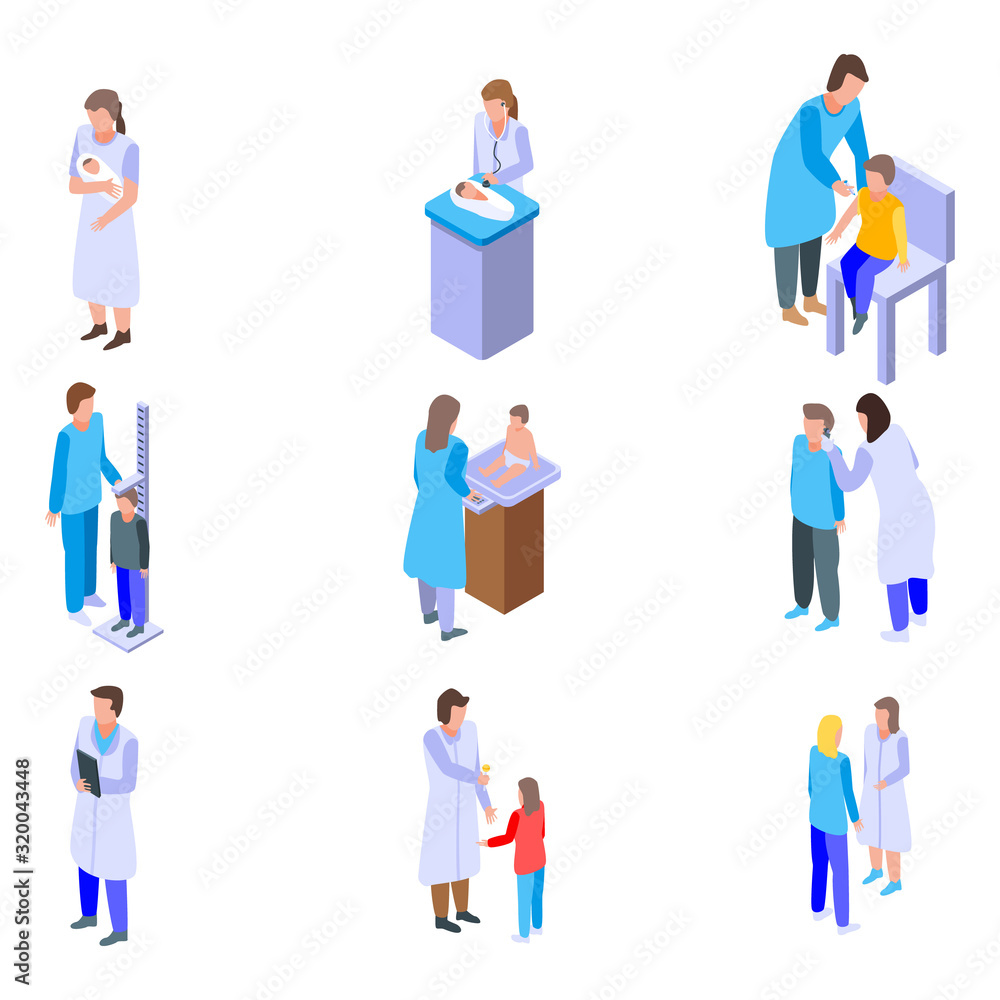 Poster pediatrician icons set. isometric set of pediatrician vector icons for web design isolated on white 