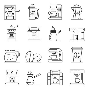 Coffee Maker Icons Set. Outline Set Of Coffee Maker Vector Icons For Web Design Isolated On White Background