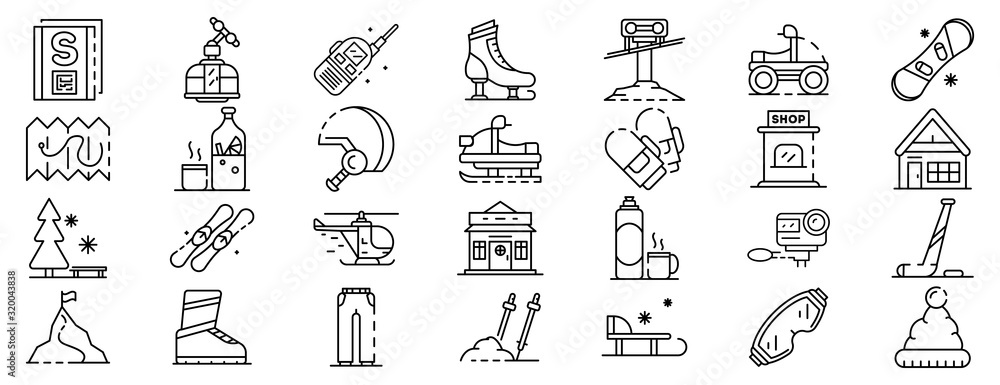 Poster ski resort icons set. outline set of ski resort vector icons for web design isolated on white backgr