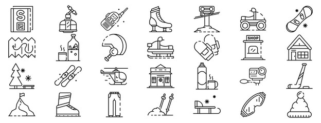 Ski resort icons set. Outline set of ski resort vector icons for web design isolated on white background