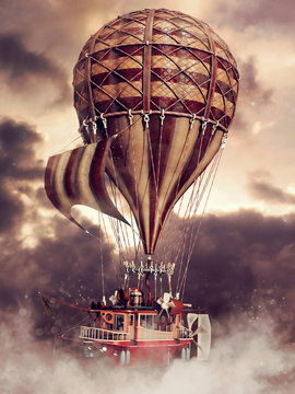 Fantasy steampunk flying ship with a balloon up in the clouds. 3D render.