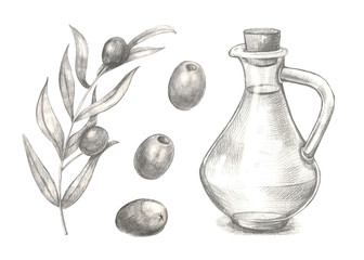 Olives and olive branches with leaves,glass bottle.