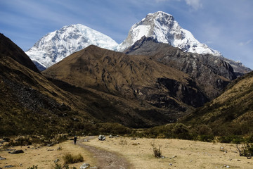 Trekkers on the trail to Lagoon 69, on the valley of Huascaran mountains