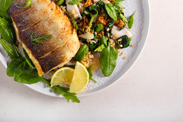 Fried sea bass fish and salad