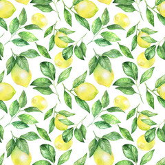  Watercolor seamless pattern with lemons and leaves. Citrus background.