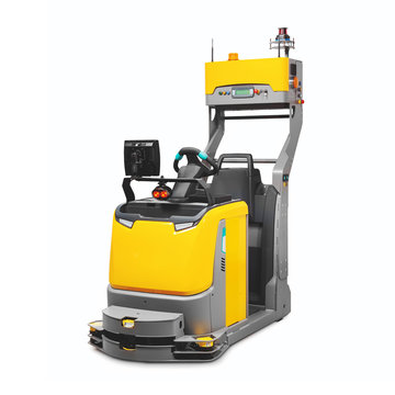 Yellow Electric Tow Tractor Isolated On White. Side View Of Automated Lift Pallet Truck Low-Lift Order Picker With Lifting Driver Platform. Electric Lift Stacker Truck. Industrial Warehouse Equipment