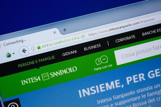 Ryazan, Russia - September 09, 2018: Homepage of Intesa San Paolo website on the display of PC, url - IntesaSanPaolo.com