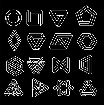 Set of impossible shapes. Optical Illusion. Vector Illustration isolated on white. Sacred geometry. White on a black background