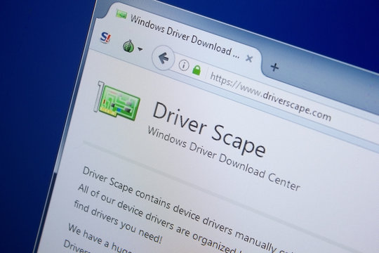 Ryazan, Russia - September 09, 2018: Homepage of Driver Scape website on the display of PC, url - DriverScape.com