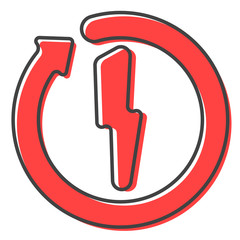 Reboot , recharge vector icon with lightning Charging icon. Flat outline design.  red rounded arrow